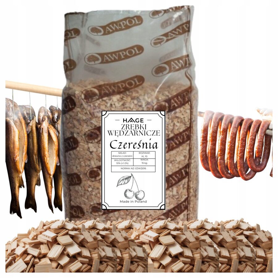 Zrębki wędzarnicze CZEREŚNIA drewno do wędzenia i grillowania HAGE 15kg 60l