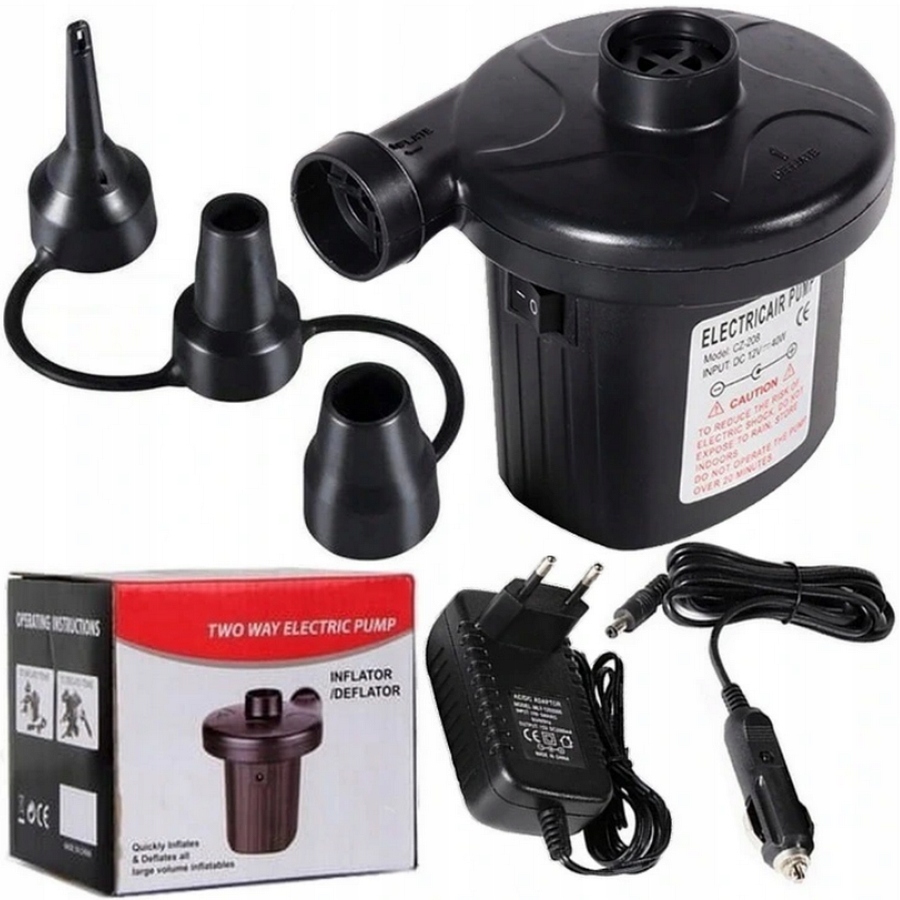 MOCNA ELEKTRYCZNA POMPKA DO MATERACA PONTONA DMUCHAŃCÓW 12V / 230V KOŃCÓWKI